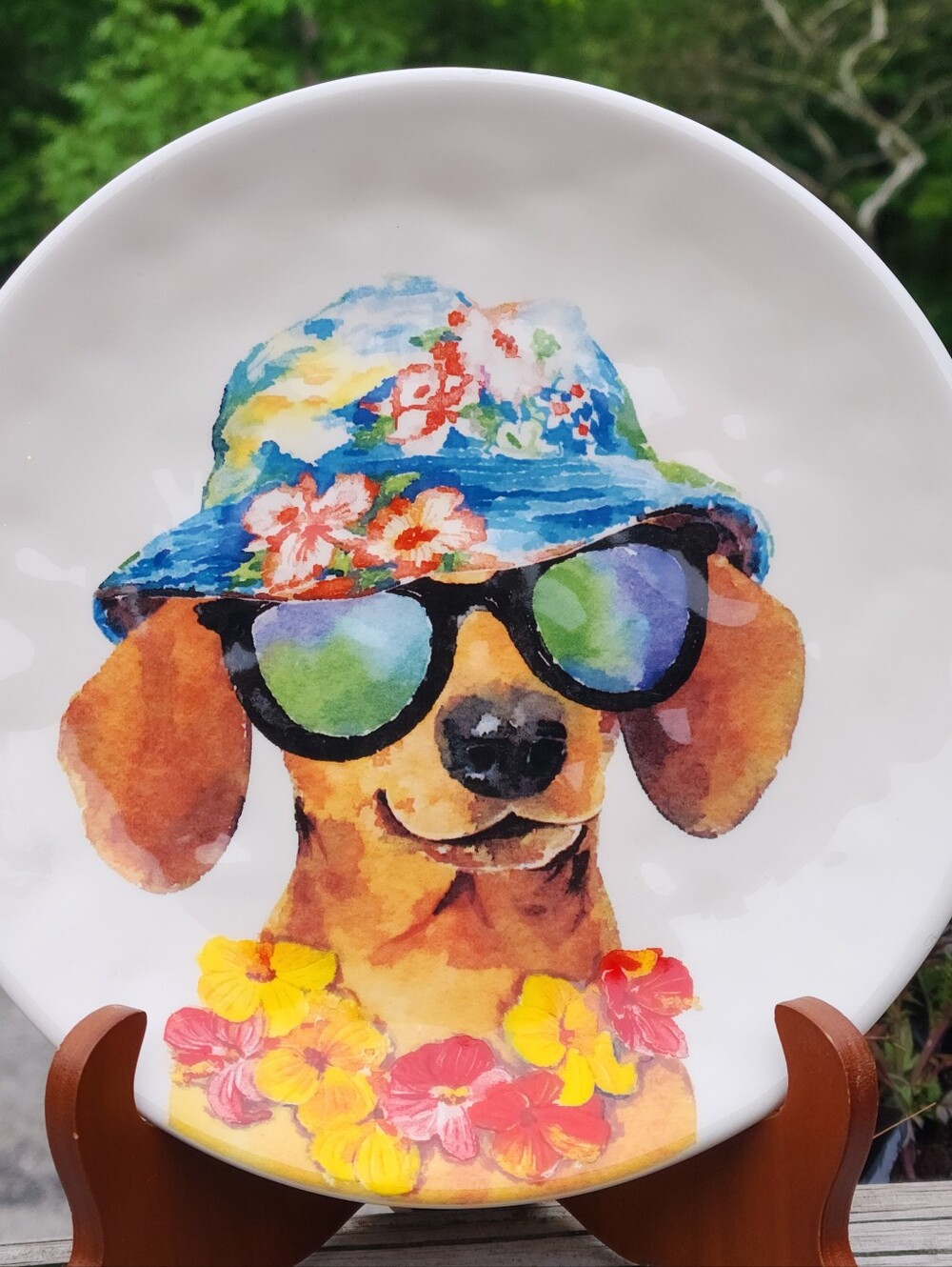 Pier-1 Imports 8-1/2” SUMMER DOGS SUNGLASSES Dachshund Salad Plate Dish Dolomite
